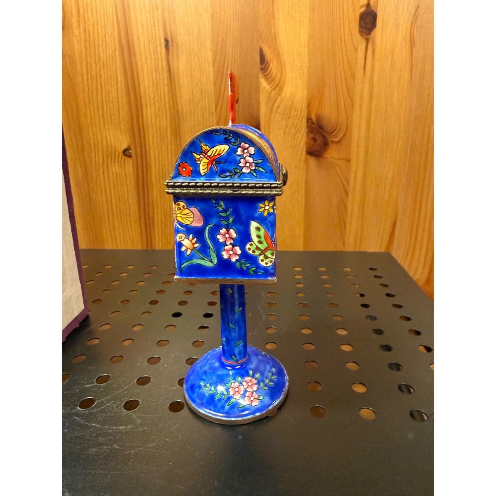 Empress Arts 2002 Enamel Mailbox Trinket Box Butterfly Floral 5.5" Stand - Picture 5 of 7